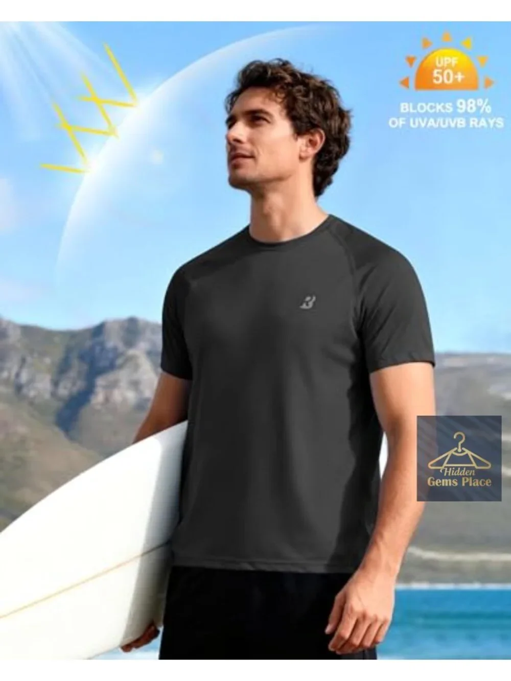 Men's UPF 50+ Rash Guard Short Sleeve Swim Shirt Quick Dry Lightweight Sun